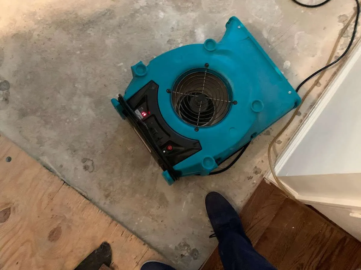 Air mover drying subfloor during Leak Detection & Repair in East Greenbush